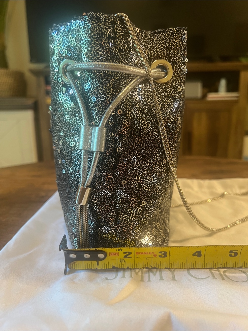 Jimmy Choo Silver/Graphite Sequin Drawstring Mini Bucket Bag - Picture 12 of 13